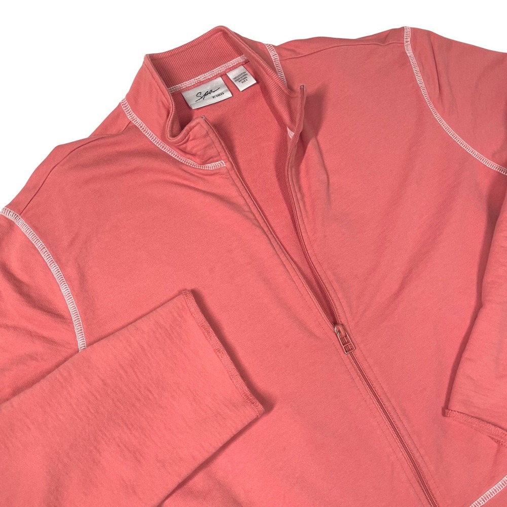 Spa by Chico's Coral Pink Full Zip Jacket Sweatshirt Sz 2 L 100% Cotton *READ
